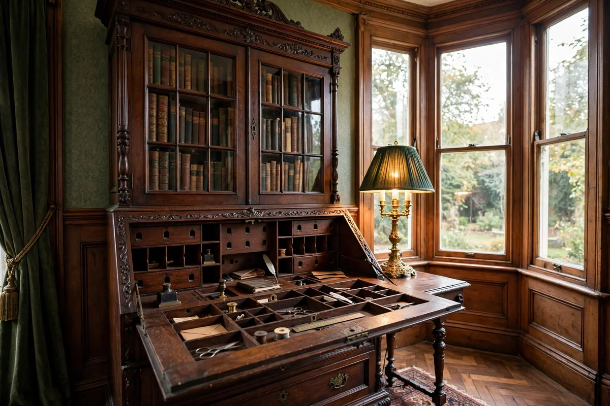 Antique Victorian secretary writing desk with drop front in a living room corner