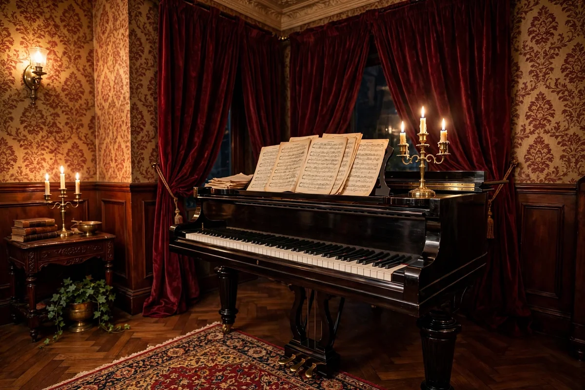 Baby grand piano styled with candelabra in a Victorian living room corner