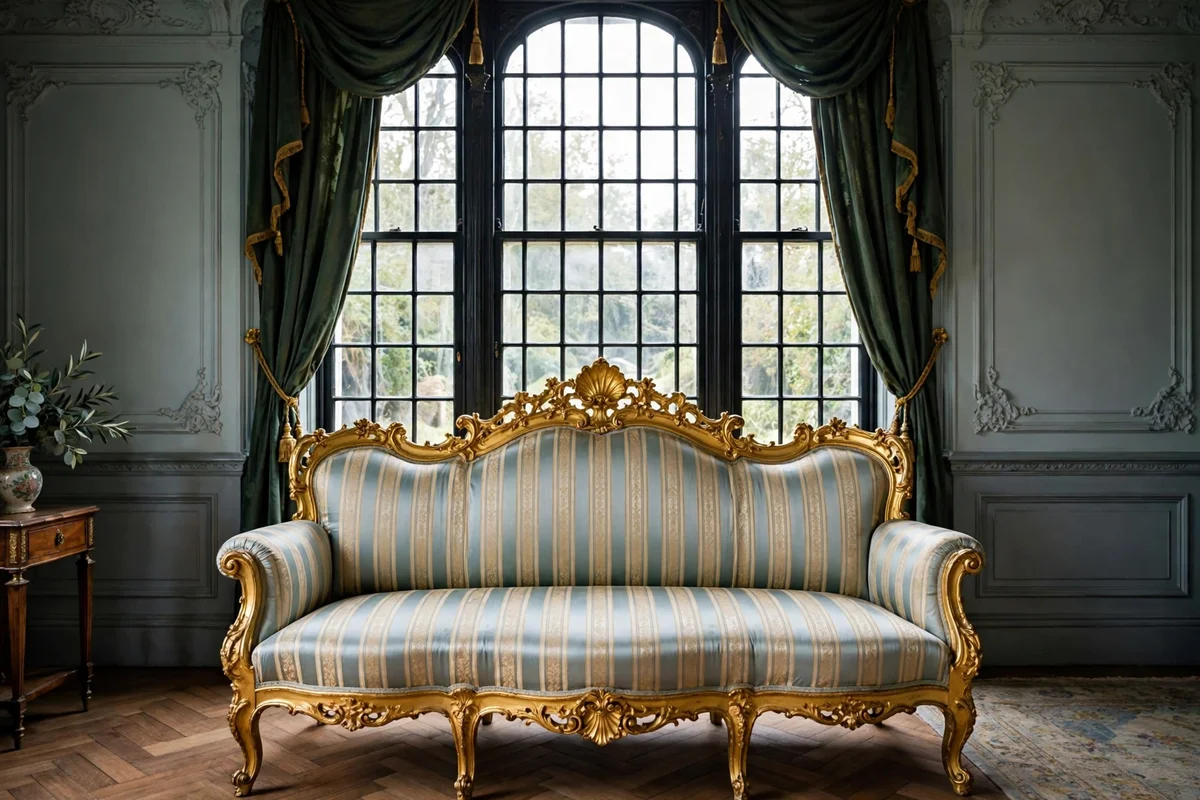 Gilded Rococo settee with carved crest rail in a Victorian living room