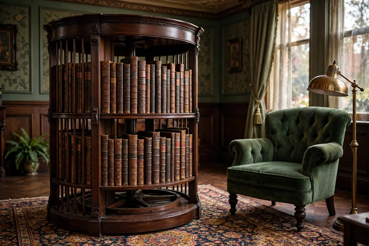 Victorian revolving bookcase with leather-bound books beside an armchair