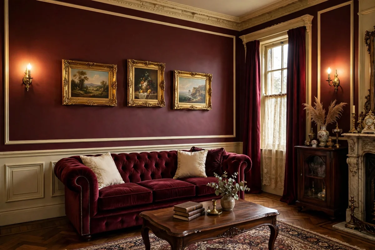 Oxblood burgundy painted walls with cream trim in a Victorian living room