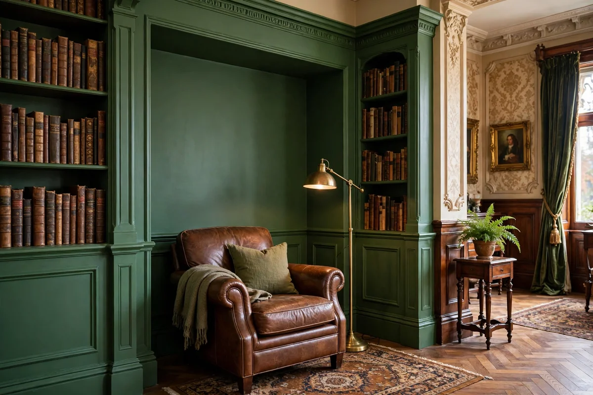 Hunter green reading nook with leather armchair and brass lamp in a Victorian living room