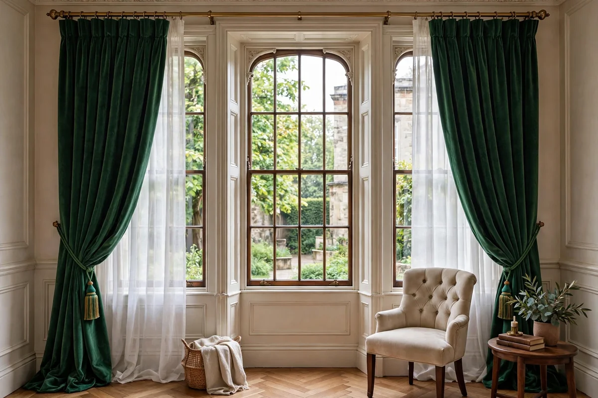 Floor to ceiling emerald velvet drapes with tassel tiebacks in a Victorian living room