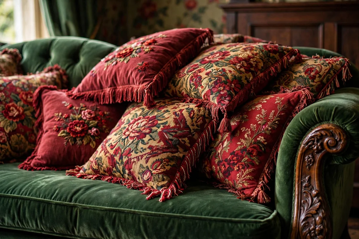 Tapestry and embroidered throw pillows on a velvet sofa in a Victorian living room