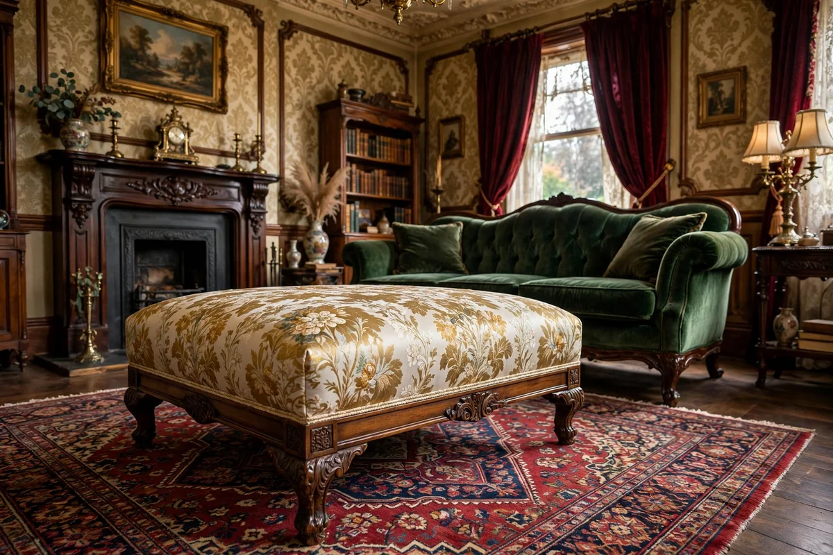 Floral brocade upholstered ottoman in a Victorian living room