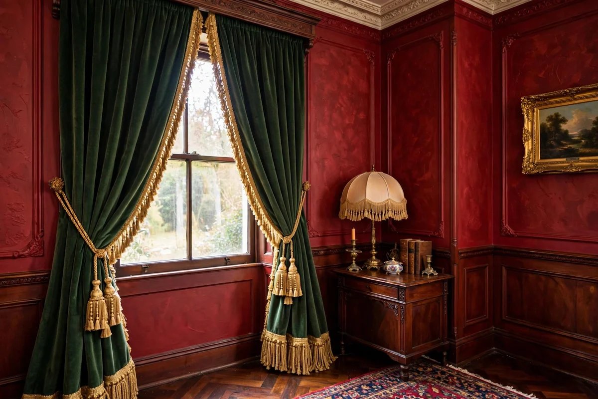 Bullion fringe and tassel trim on curtains and pillows in a Victorian living room