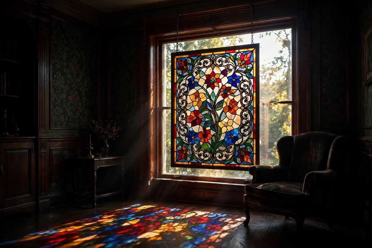 Stained glass accent panel glowing in a Victorian living room window