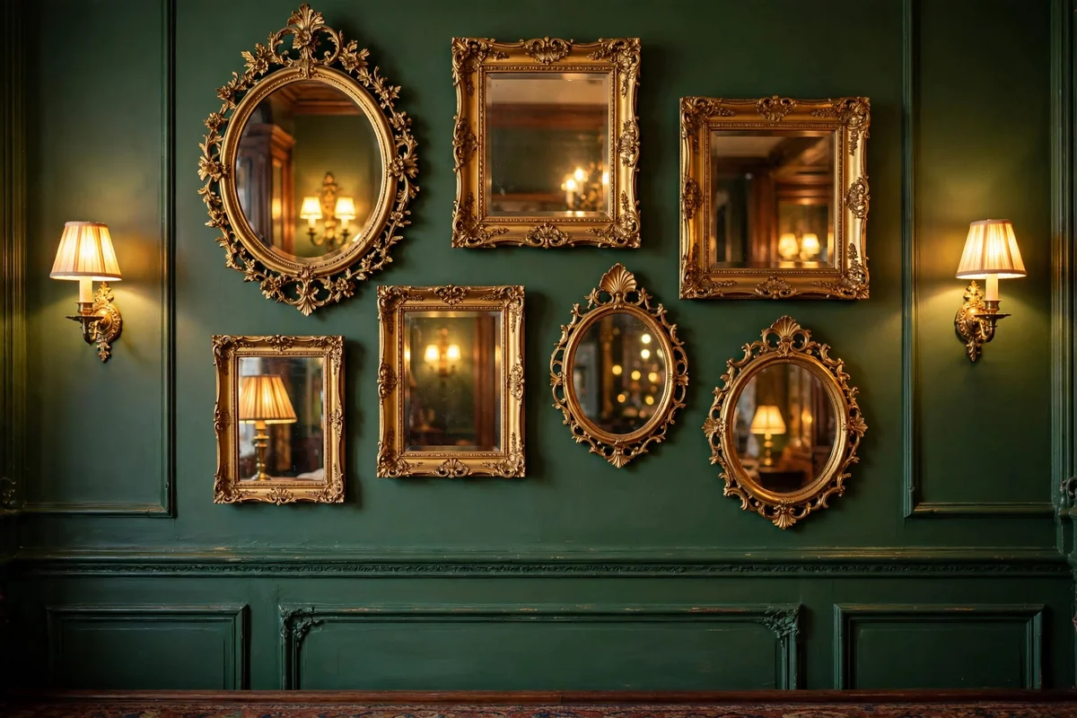 Gilt framed mirrors hung gallery style in a Victorian living room