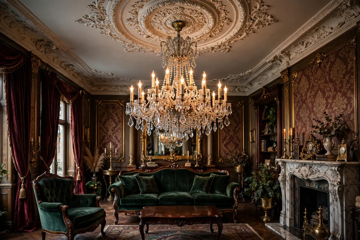 Crystal chandelier with candle bulbs hanging in a Victorian living room