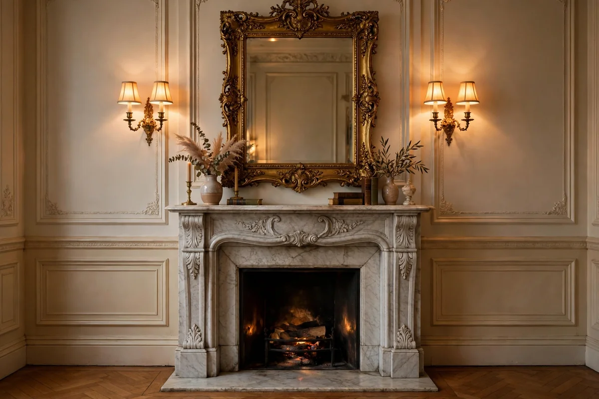Candle style wall sconces flanking a gilt mirror in a Victorian living room