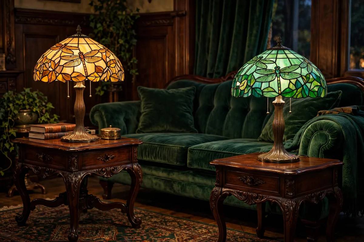 Tiffany style stained glass table lamps glowing on Victorian side tables