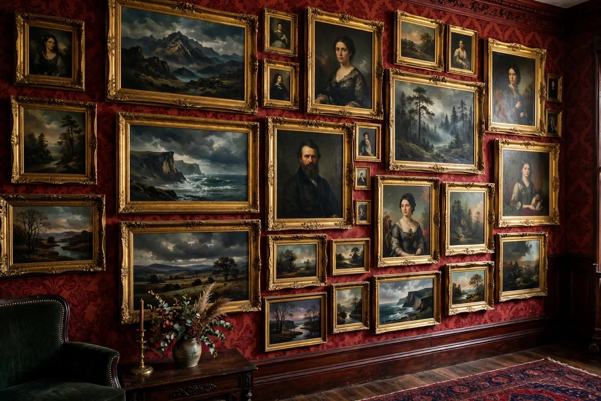 Salon style gallery wall of gilt framed oil paintings in a Victorian living room