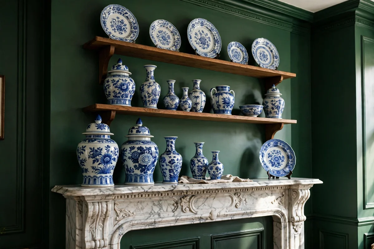 Blue and white porcelain collection displayed on a Victorian mantel and shelves