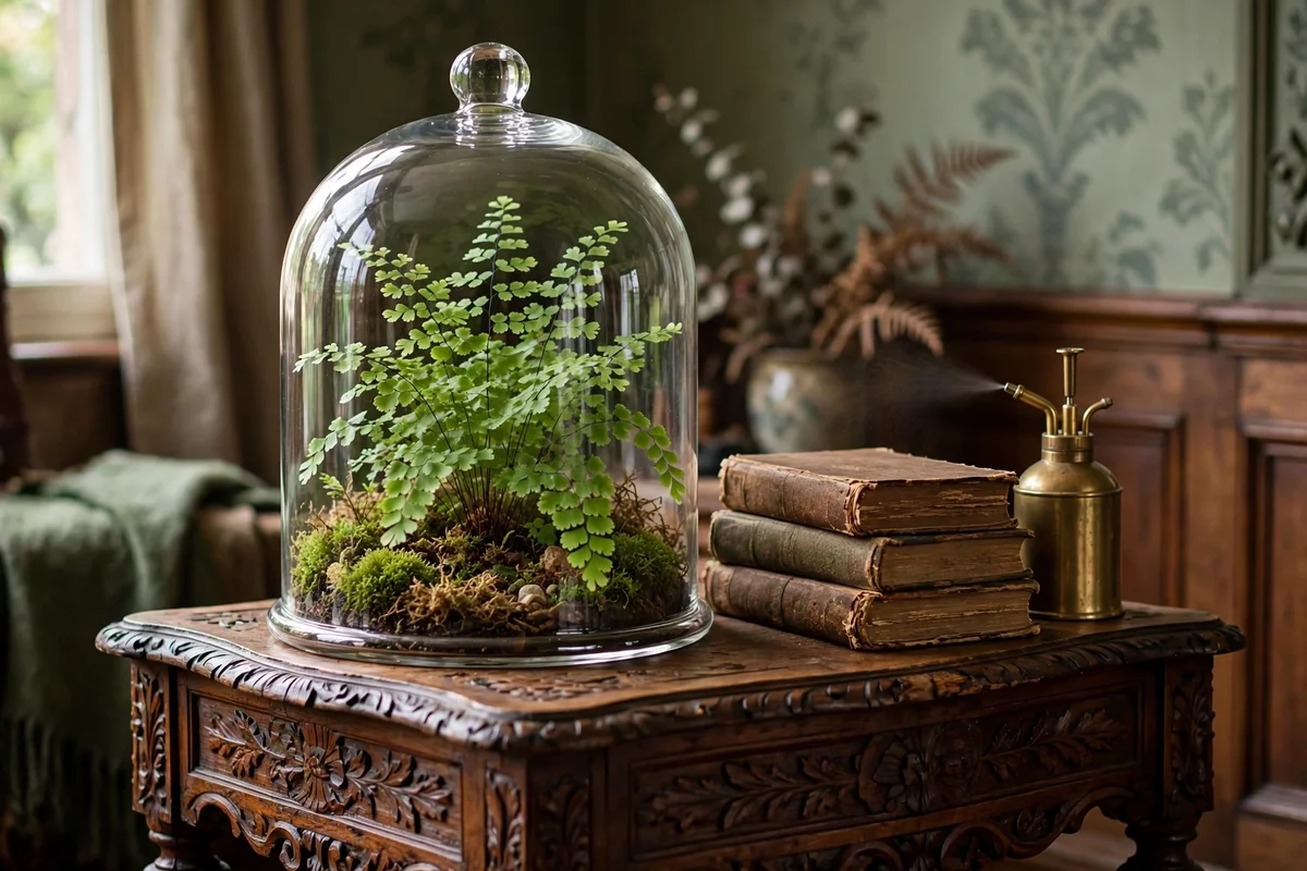 Victorian fern terrarium under glass cloche on a side table in a living room