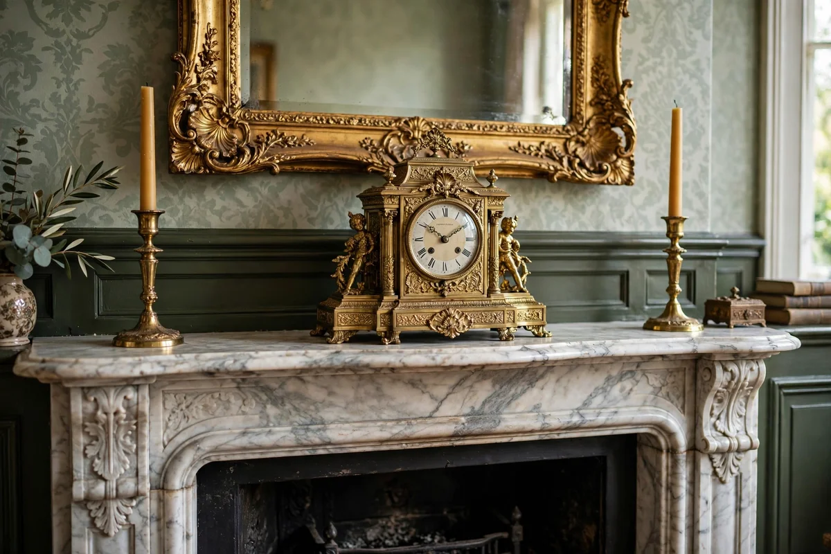Ornate brass mantel clock with candlesticks on a Victorian fireplace mantel