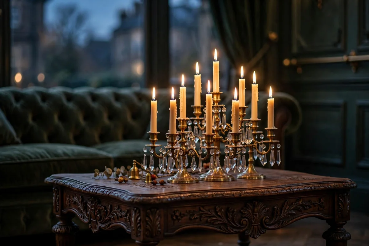 Clustered brass candelabra glowing on a Victorian coffee table at dusk