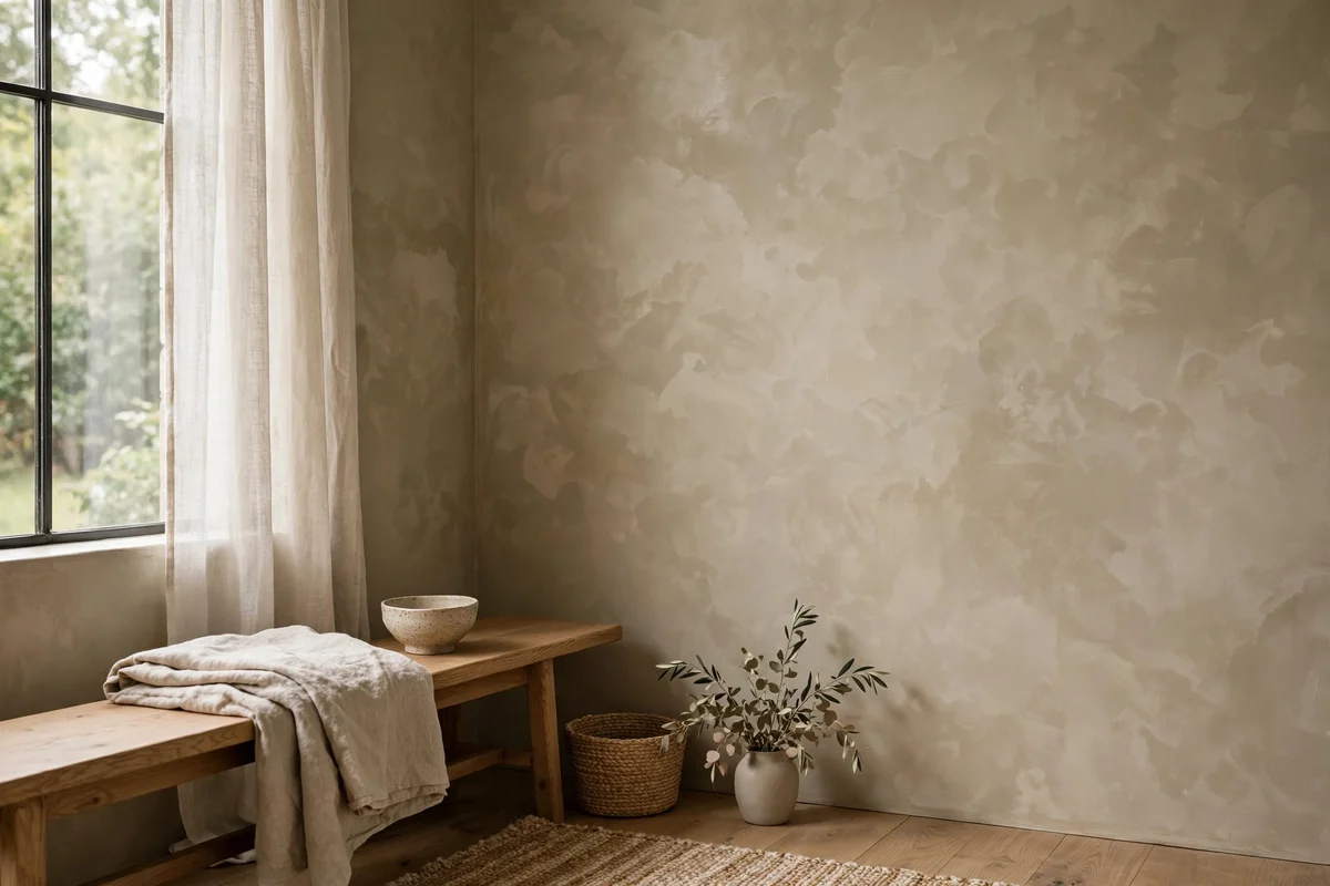 Wabi sabi living room with soft limewashed plaster walls in warm greige