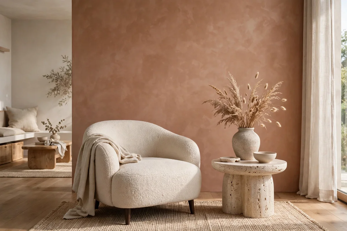 Living room with polished plaster accent wall in warm clay tone behind low armchair