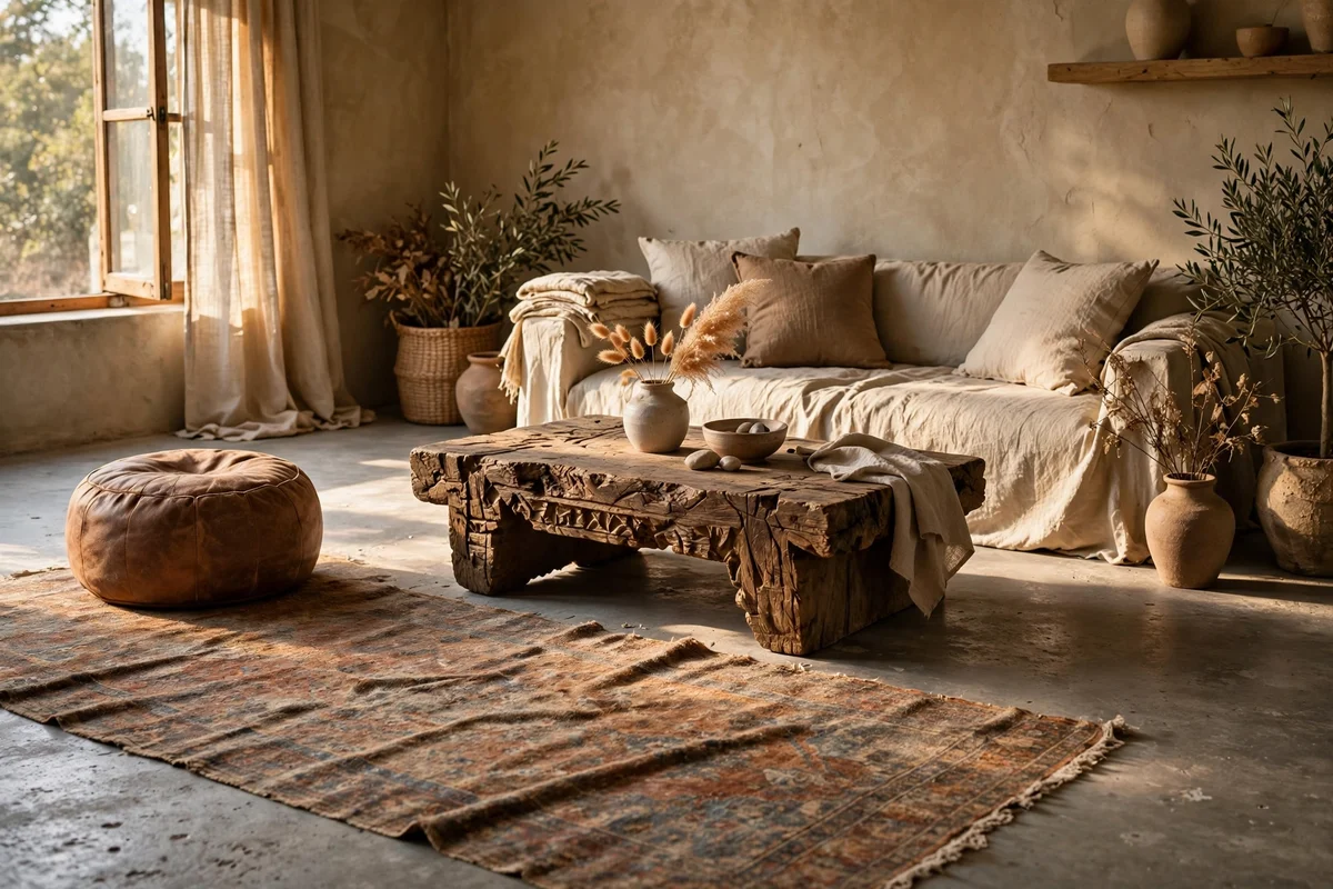 Wabi sabi living room with raw concrete floor softened by a faded vintage rug