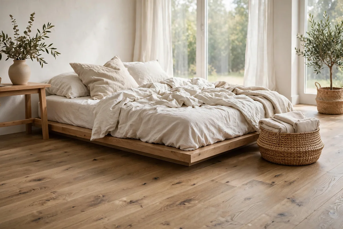 Bright living room with wide-plank matte oak floors and low platform daybed