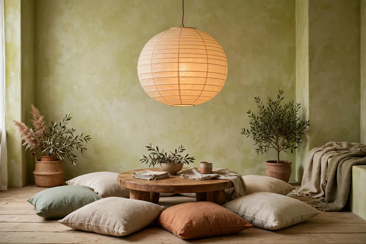 Cozy living room corner with large glowing paper lantern pendant over low coffee table