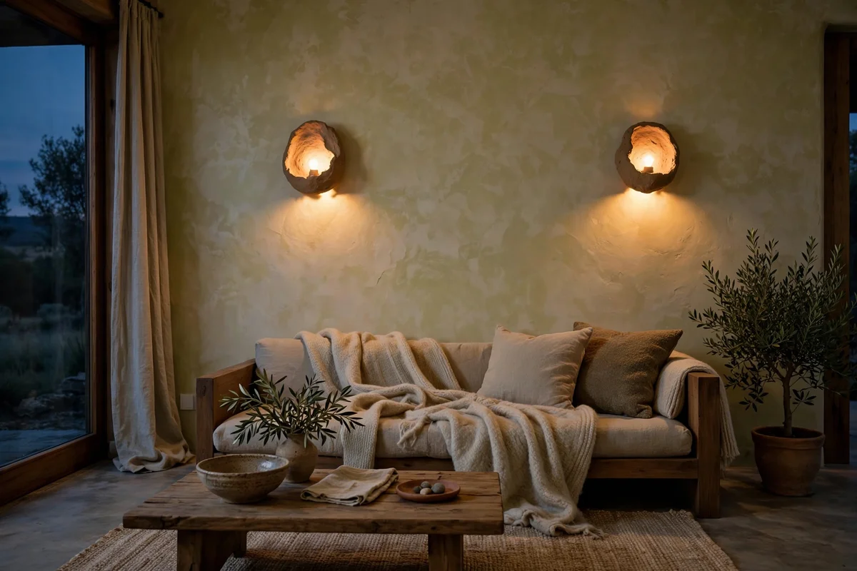 Evening living room with handmade clay wall sconces glowing on limewashed walls