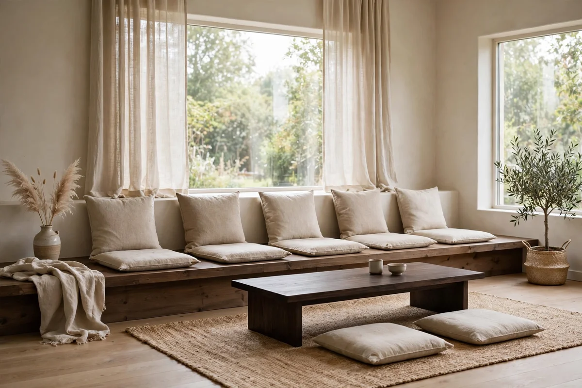 Living room with low wooden seating platform topped with zabuton cushions