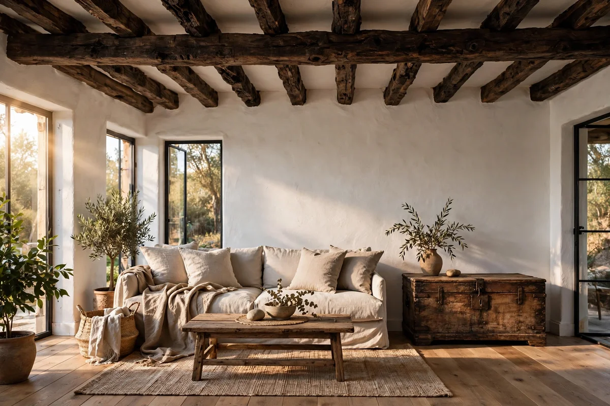 Living room with exposed dark wooden ceiling beams and whitewashed walls