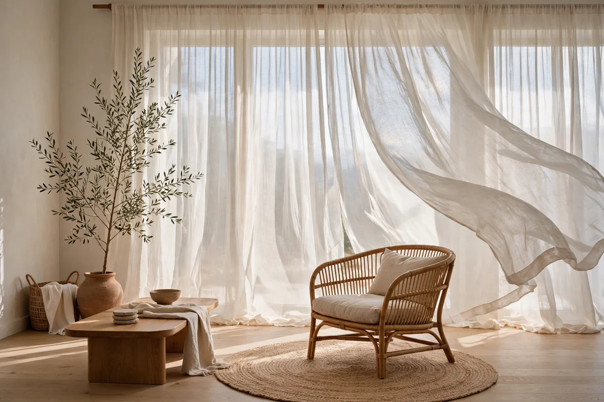 Sunlit living room with sheer linen curtains filtering daylight softly