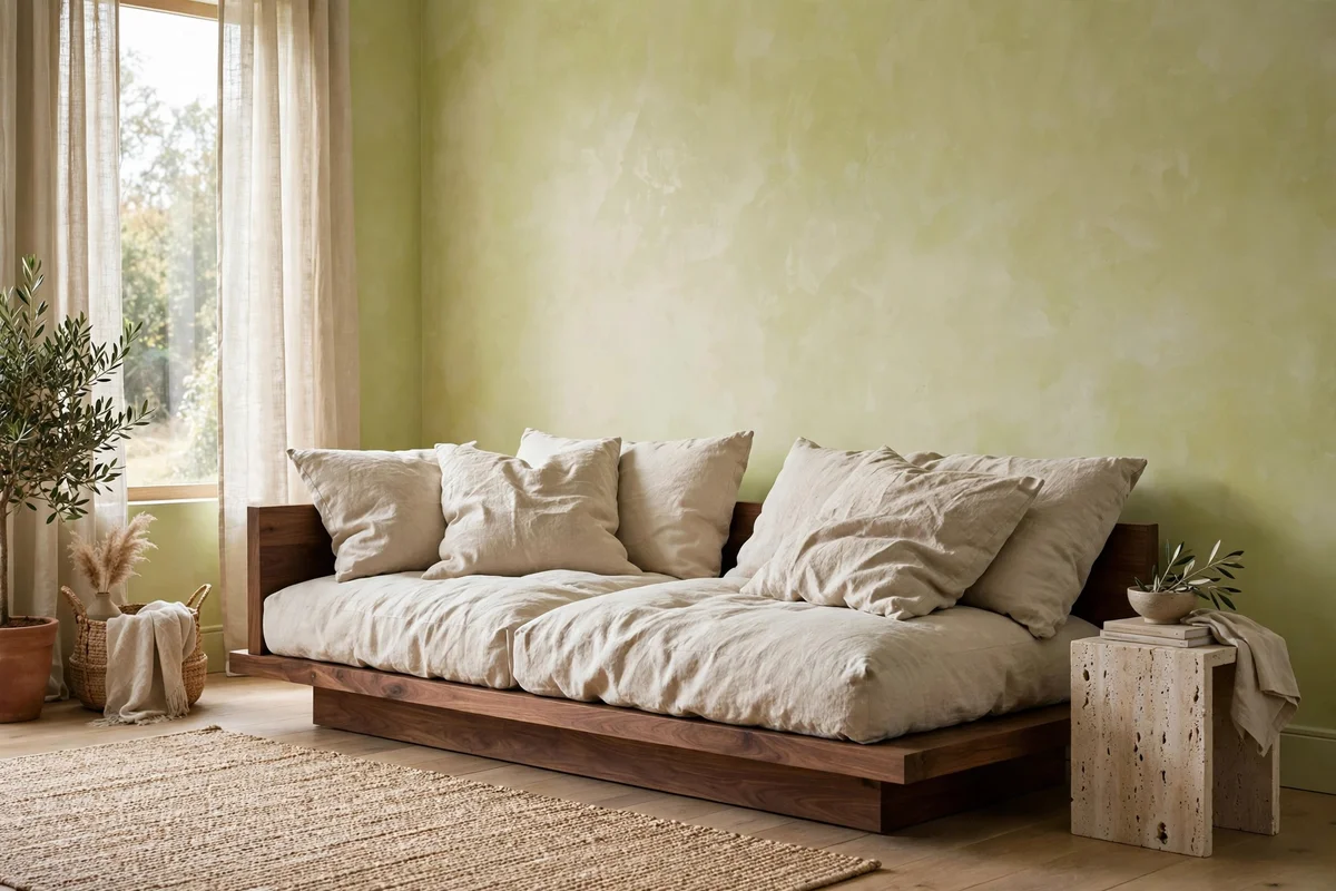 Living room with low-profile solid walnut sofa base and rumpled linen cushions