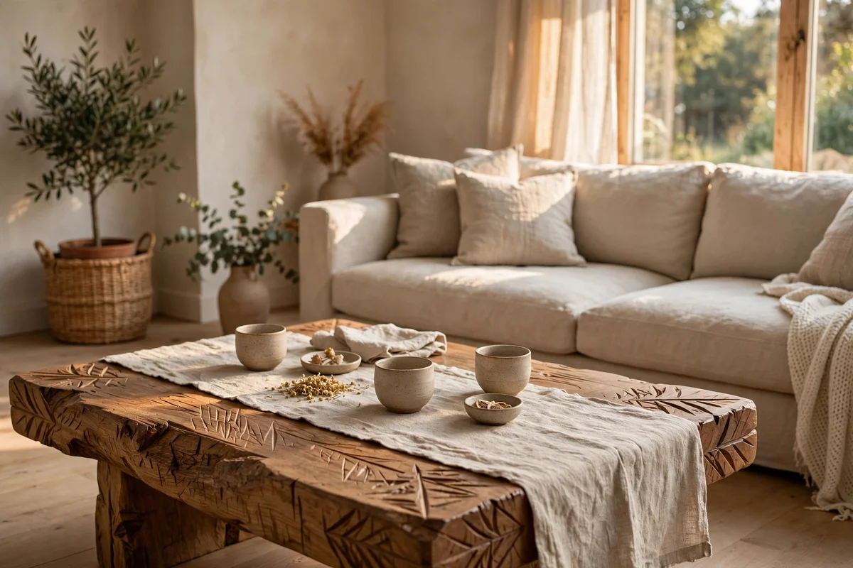 Living room vignette with hand-carved wooden coffee table showing chisel marks