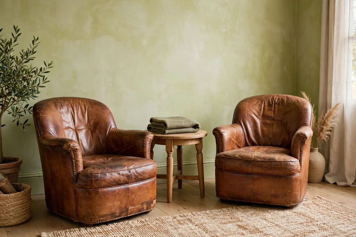 Living room corner with two vintage cognac leather slipper chairs with worn patina