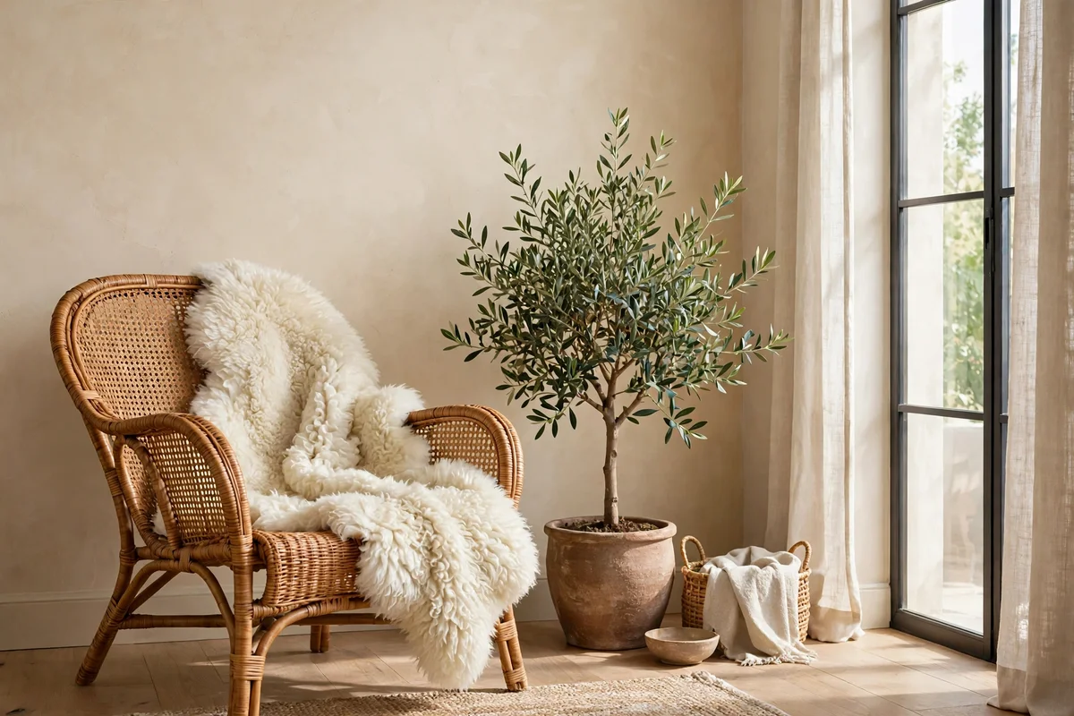 Bright living room corner with woven rattan lounge chair and sheepskin throw