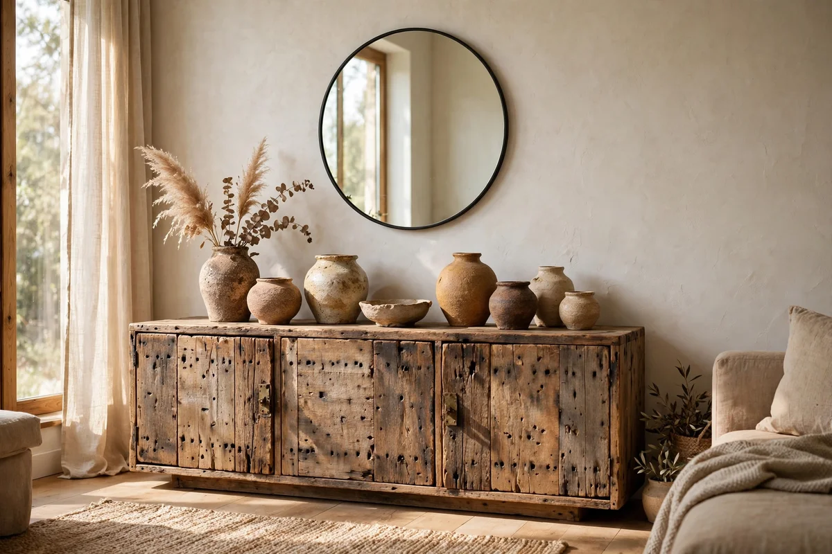 Living room with long reclaimed wood sideboard styled with handmade pottery
