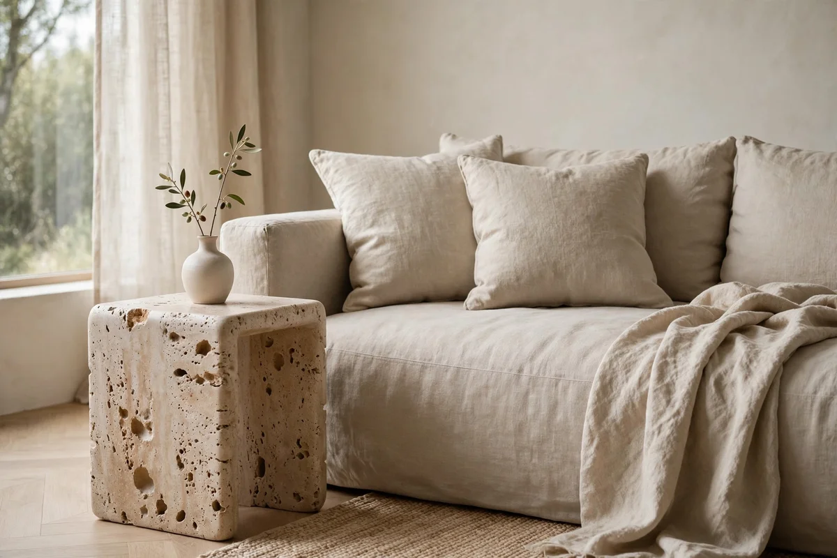 Living room detail with travertine stone side tables beside low linen sofa