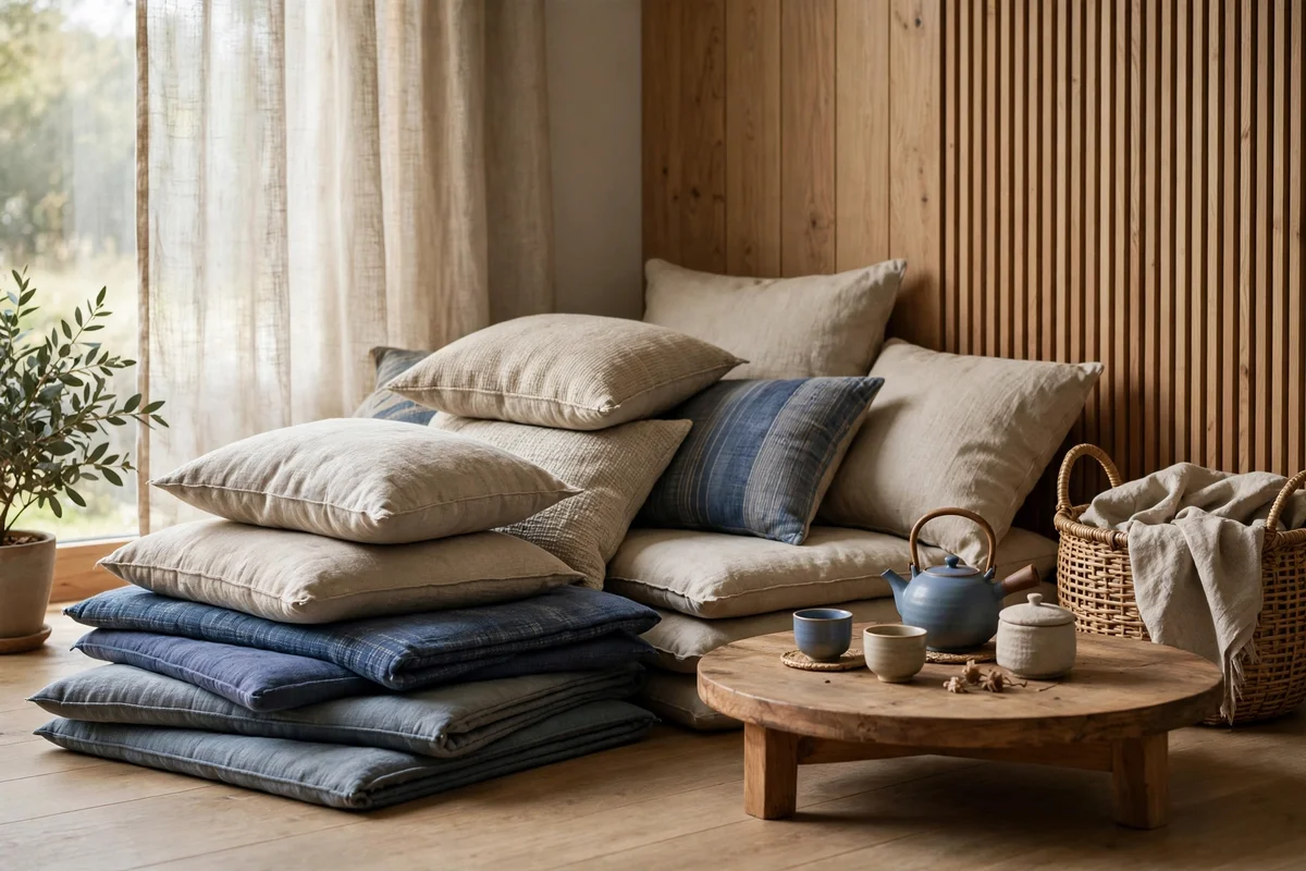 Casual living room corner piled with floor cushions and zabuton mats around low table
