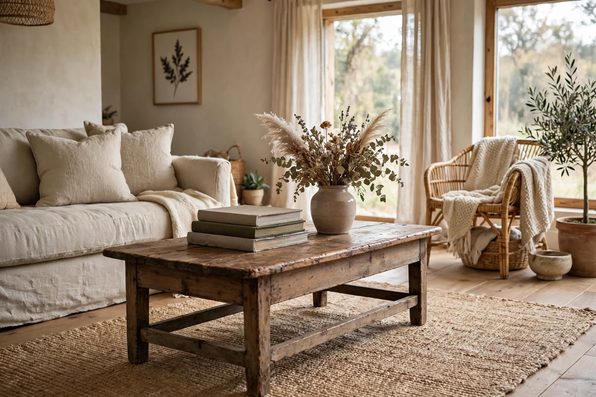 Living room with antique low wooden bench used as coffee table with books and vase