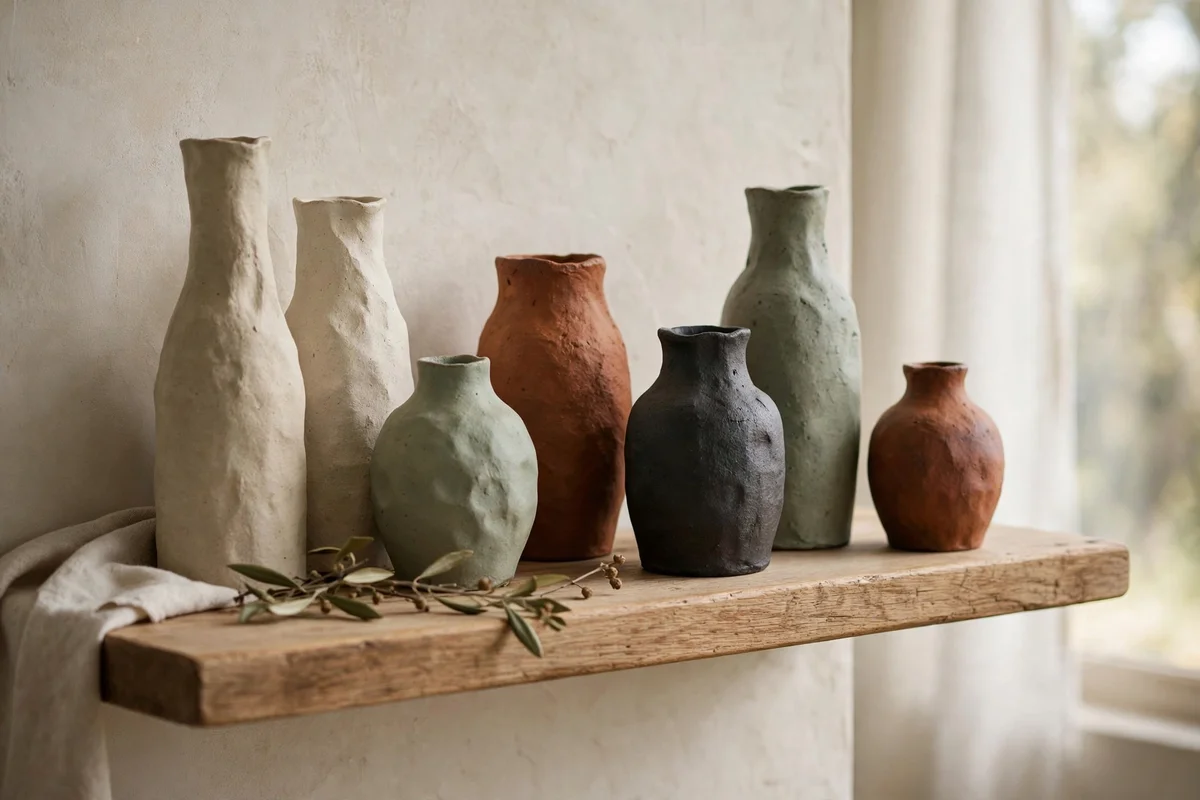 Shelf vignette with collection of handmade ceramic vases in earthy tones