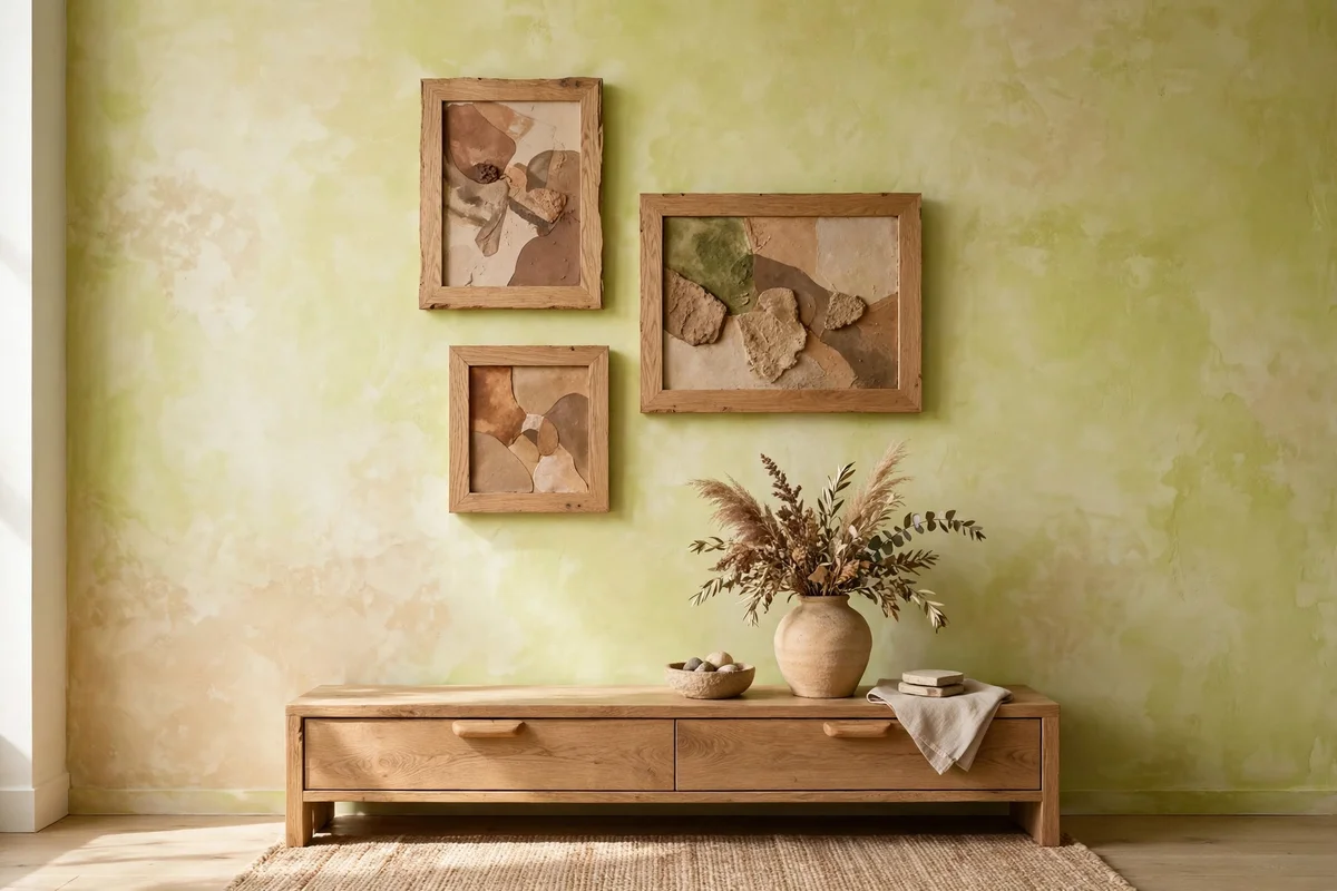 Living room wall with small asymmetric gallery of earthy artworks in wood frames