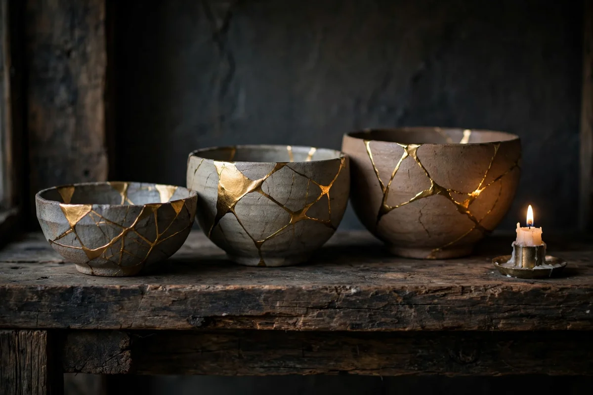 Kintsugi-repaired ceramic bowls with gold seams displayed on dark wood shelf
