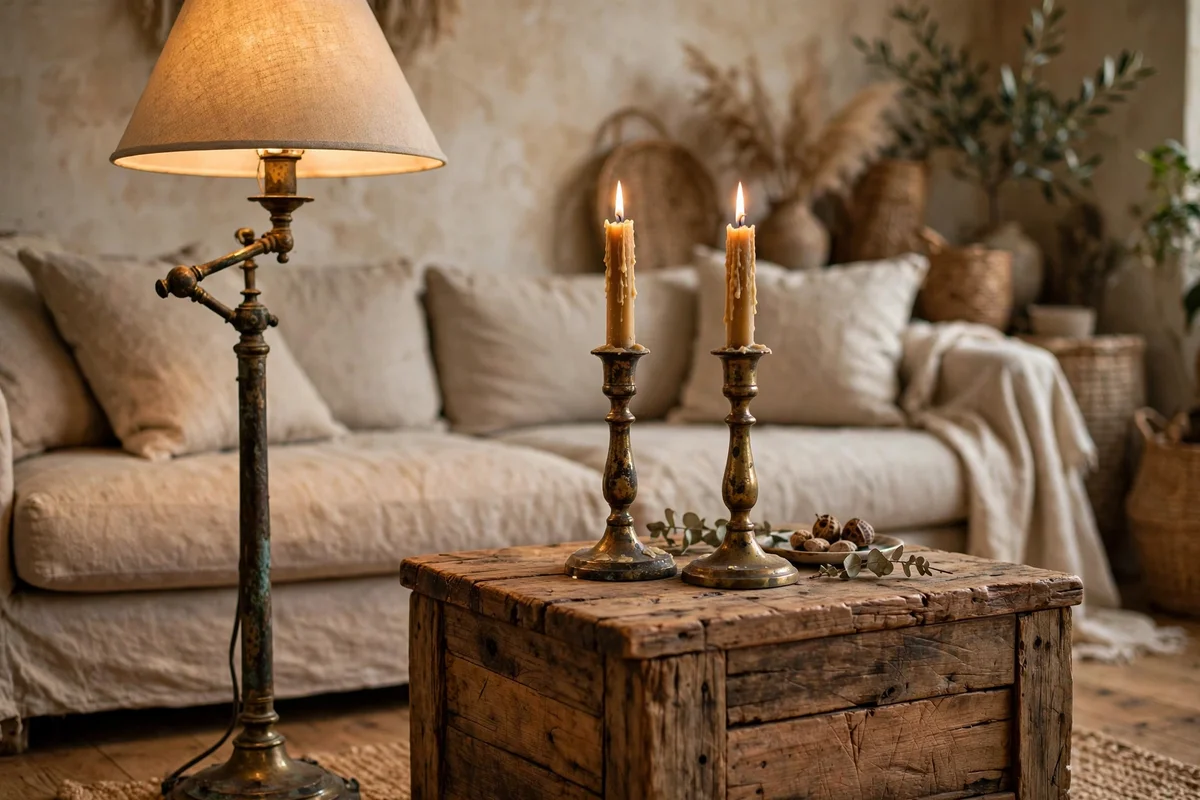 Living room detail with aged brass floor lamp and vintage brass candlesticks