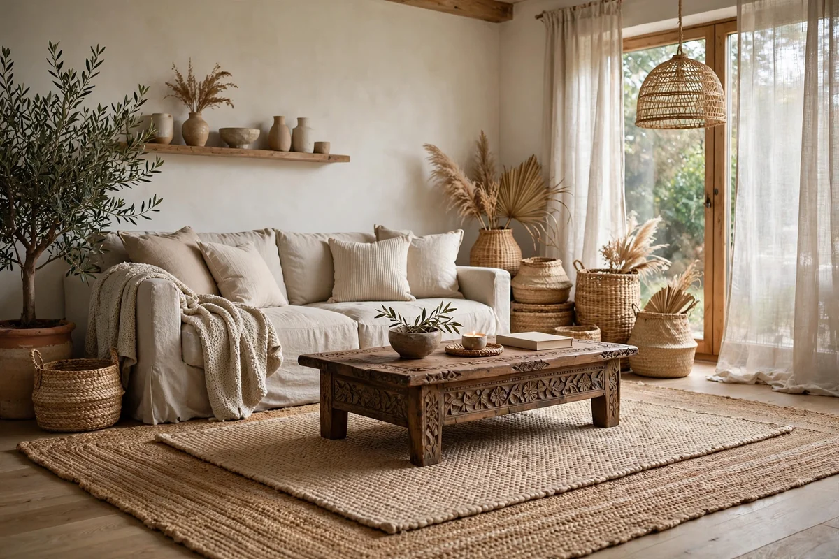 Layered natural jute and sisal rugs under low wooden coffee table