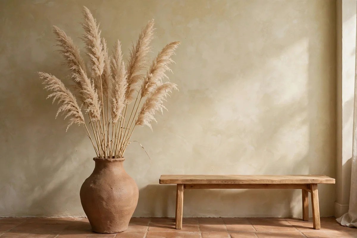 Tall dried pampas grass arrangement in handmade clay floor vase