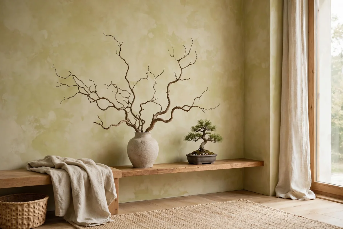 Sculptural bare branches in stoneware vase and small bonsai on wooden shelf