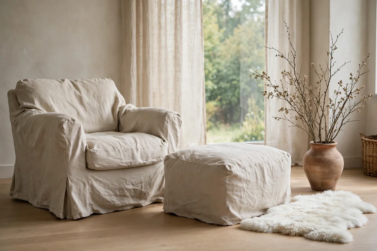 Living room with loose linen slipcovered armchair in oatmeal with natural wrinkles