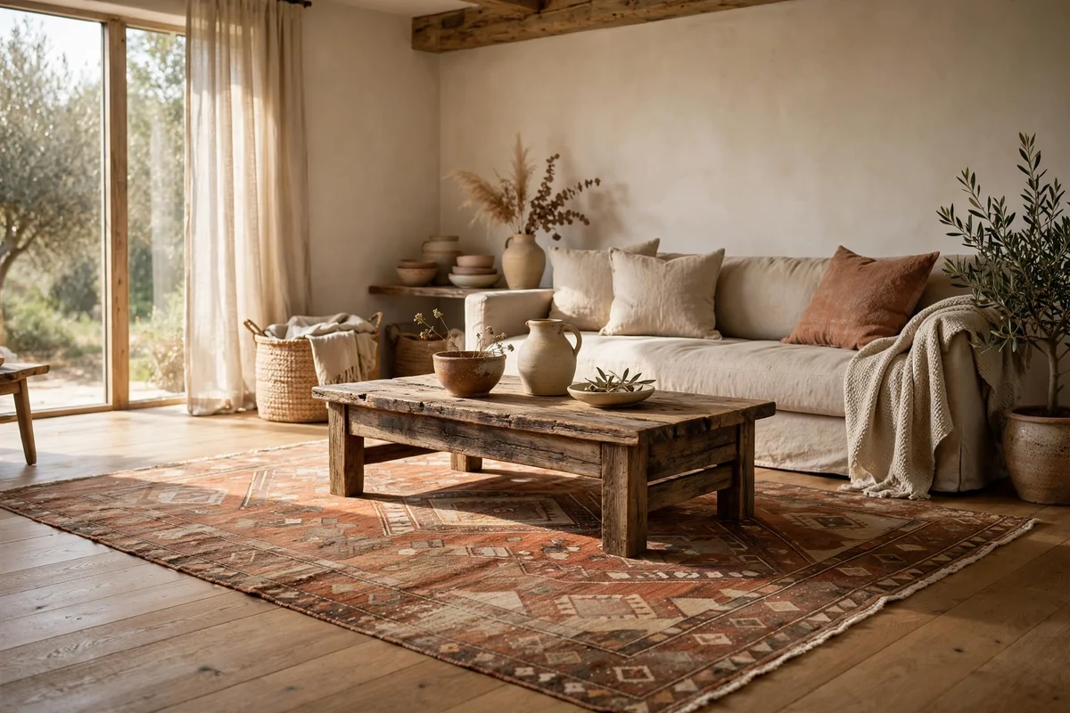 Living room with worn vintage Turkish kilim rug under low wood coffee table