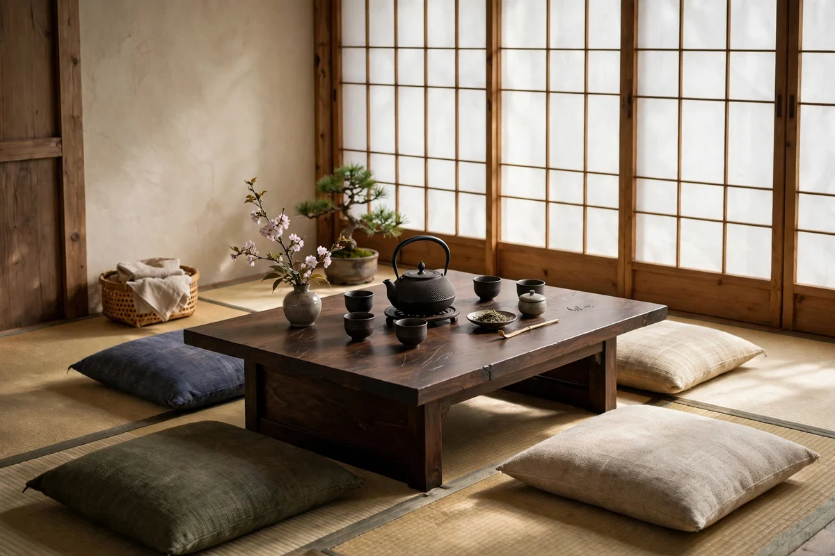 Japanese-style tea corner with low table, zabuton cushions, and iron teapot