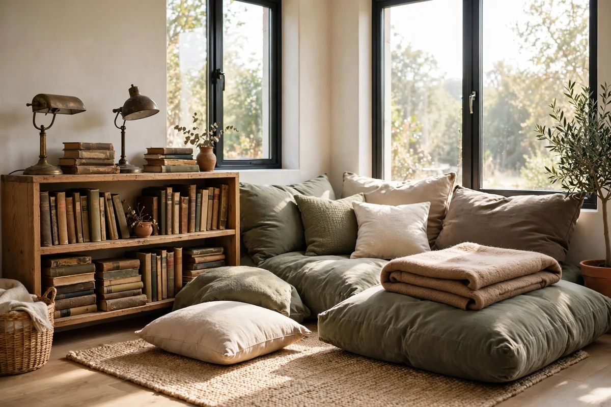 Cozy reading nook with deep floor cushions, low bookshelf, and brass lamp