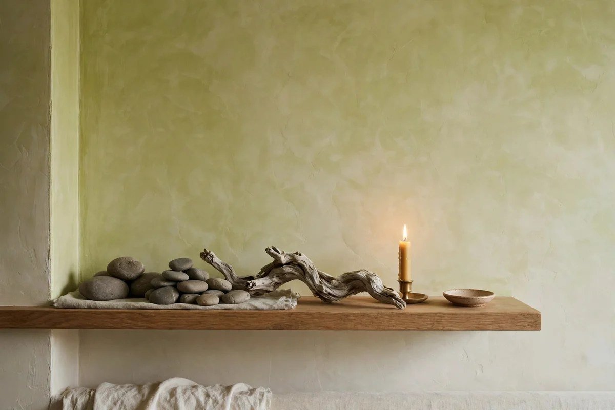 Quiet living room shelf styled with river stones, driftwood, and a single candle