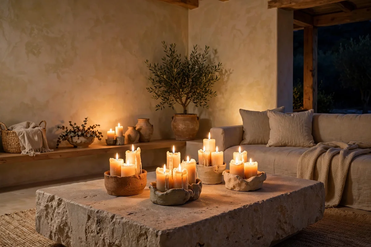Evening living room with clusters of pillar candles in handmade ceramic holders